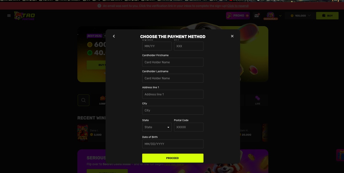 Payment method menu at TaoFortune, ready for user input.